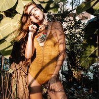 Suede Look Mustard One Piece Swimsuit For Women "SIDE"