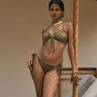 Suede Look Olive Green Bikini Set For Women "Cross"