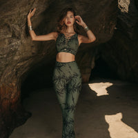 Flare Yoga Pants For Women In Printed Olive Green Color (Lycra Fabric)