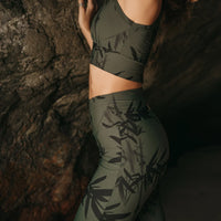 Flare Yoga Pants For Women In Printed Olive Green Color (Lycra Fabric)