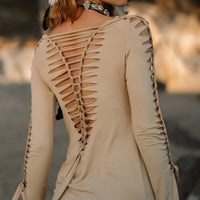 Long Sleeve Suede Light Beige Mini Dress, Pixie Dress