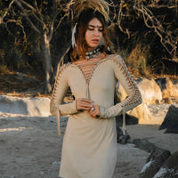 Long Sleeve Suede Light Beige Mini Dress, Pixie Dress