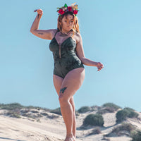 One Piece Swimsuit For Women in Printed Green "CUT" (Thick Lycra Fabric)