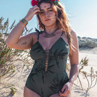 One Piece Swimsuit For Women in Printed Green "CUT" (Thick Lycra Fabric)