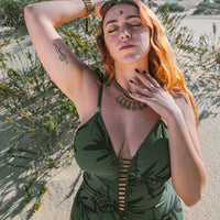 One Piece Swimsuit For Women in Printed Green "CUT" (Thick Lycra Fabric)