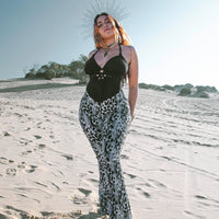 Flare Yoga Pants For Women In Black and White Leopard Print (Thick Lycra Fabric)