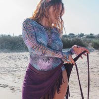Suede Purple Wrap Swimwear Skirt Decorated with Fringe / Cover up