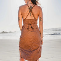 Suede Brown Braided Dress, Boho Dress, Cross Back Dress