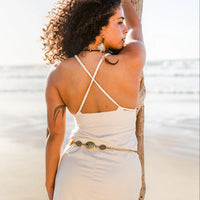Suede Light Beige Braided Dress, Boho Dress, Cross Back Dress