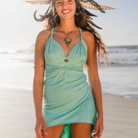 Suede Light Turquoise Braided Dress, Boho Dress, Cross Back Dress