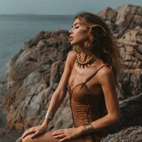 Suede Look Cinnamon Brown One Piece Swimsuit For Women "SIDE"