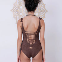 Suede Look Dark Brown One Piece Swimsuit For Women "DELI"
