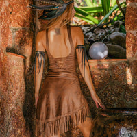 Suede Shabby Brown Wrap Swimwear Skirt Decorated with Fringe / Cover up
