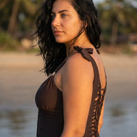 Plus Size - One Piece Swimsuit For Women in Dark Brown "CUT" (Lycra Fabric)