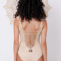 Suede Look Light Beige One Piece Swimsuit For Women "DELI"