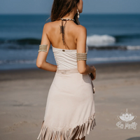 Suede Light Beige Wrap Swimwear Skirt Decorated with Fringe / Cover up