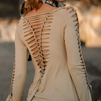 Long Sleeve Suede Light Beige Mini Dress, Pixie Dress