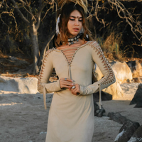 Long Sleeve Suede Light Beige Mini Dress, Pixie Dress