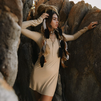 Long Sleeve Suede Light Beige Mini Dress, Pixie Dress
