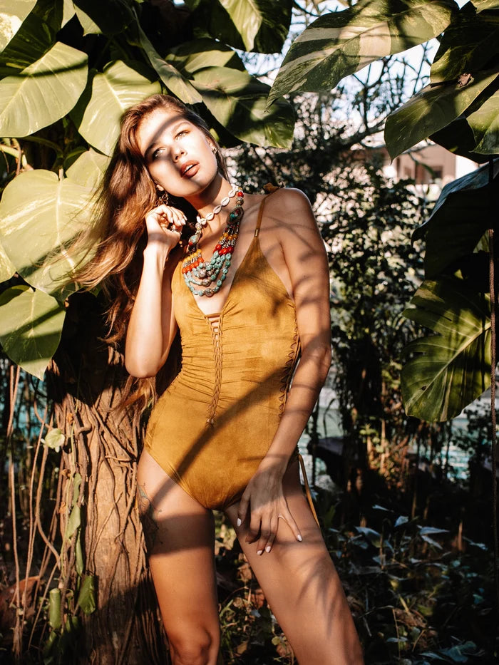 Suede Look Mustard One Piece Swimsuit For Women "SIDE"