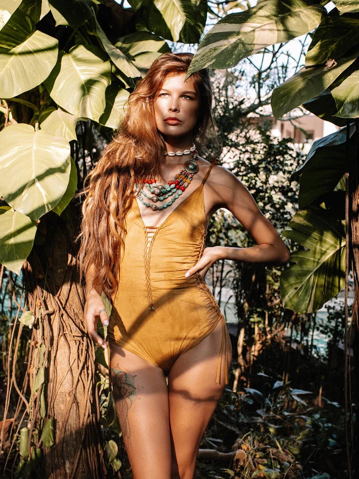 Suede Look Mustard One Piece Swimsuit For Women "SIDE"