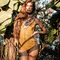 Suede Look Mustard One Piece Swimsuit For Women "SIDE"