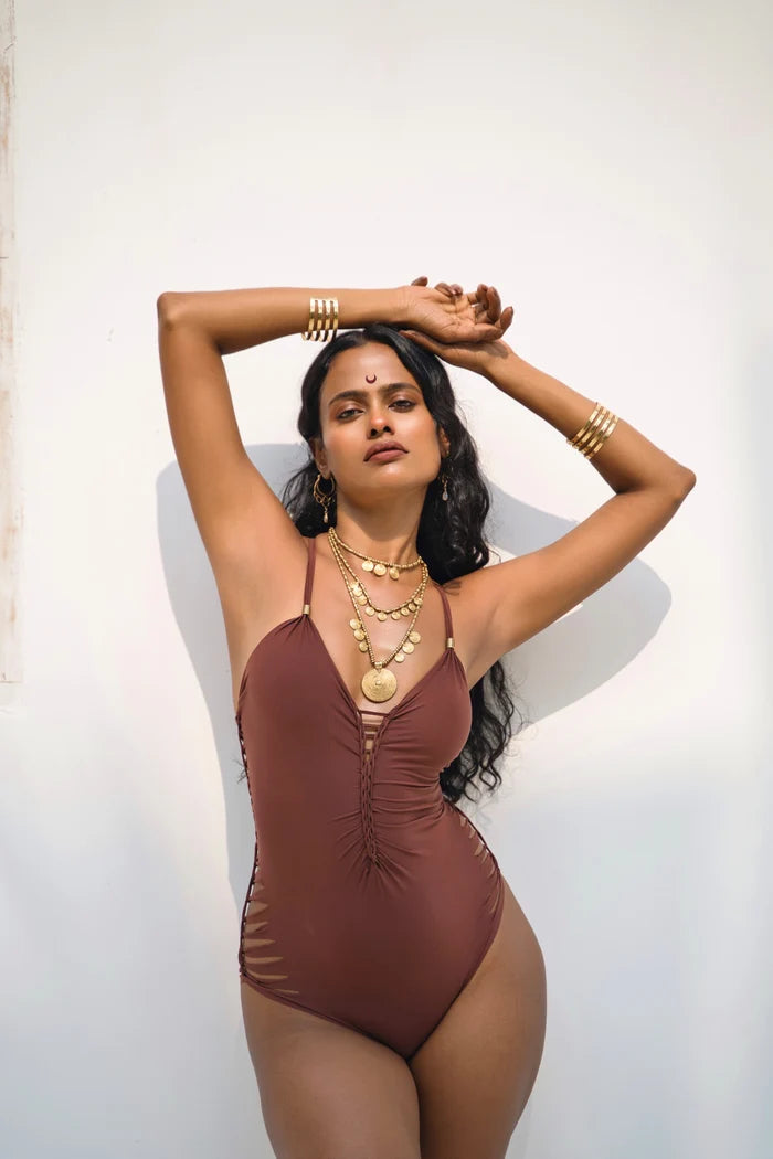 Brown One Piece Swimsuit For Women "DORIN" (Lycra Fabric)