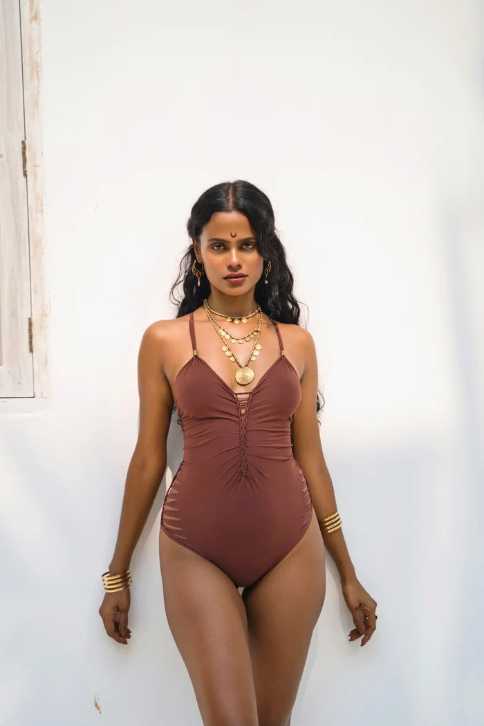 Brown One Piece Swimsuit For Women "DORIN" (Lycra Fabric)
