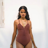 Brown One Piece Swimsuit For Women "DORIN" (Lycra Fabric)