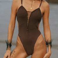 One Piece Thong Swimsuit For Women in Dark Brown "IBIZA" (Lycra Fabric)