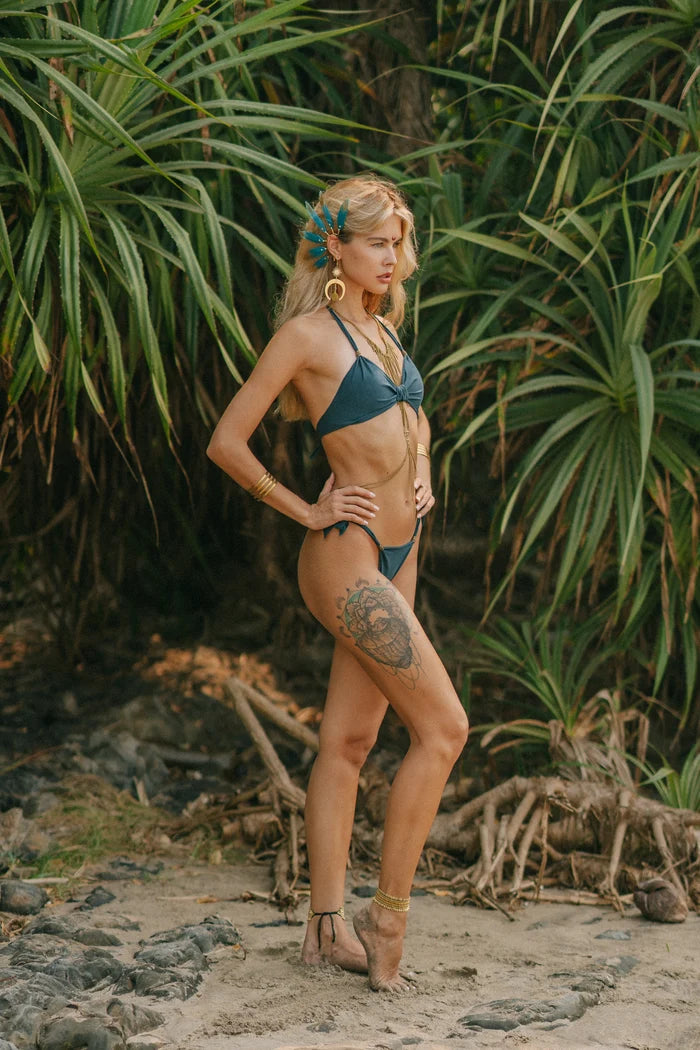 Suede Look Dark Teal Bikini Set For Women "BEADS"