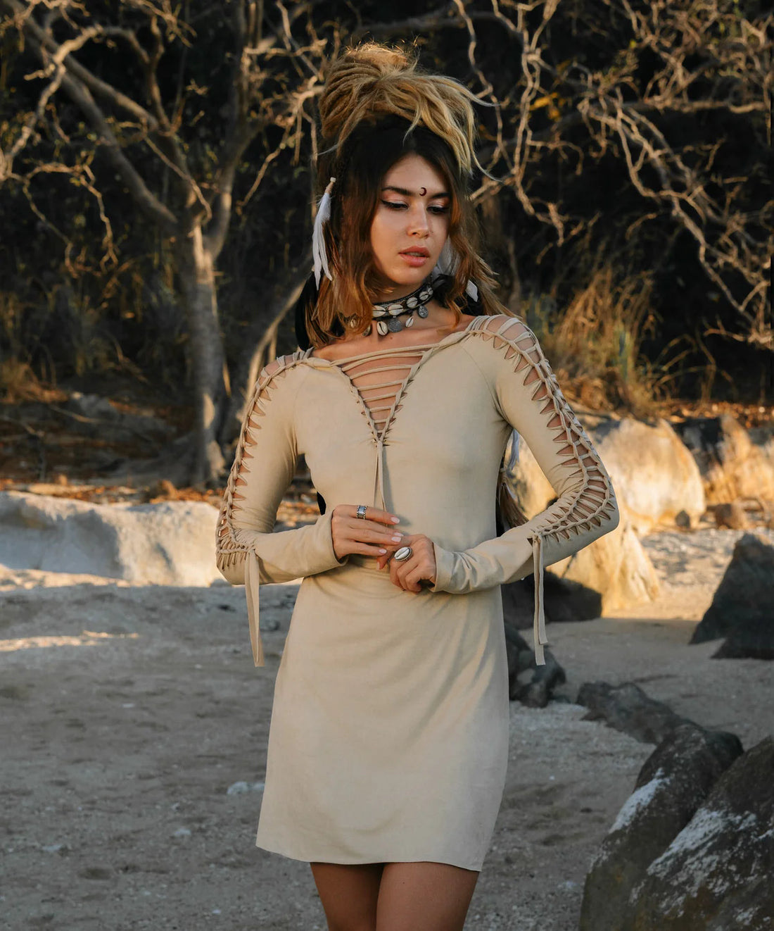 Long Sleeve Suede Light Beige Mini Dress, Pixie Dress IBIZA MAGIC FASHION Long Sleeve Suede Light Beige Mini Dress, Pixie Dress IBIZA MAGIC FASHION