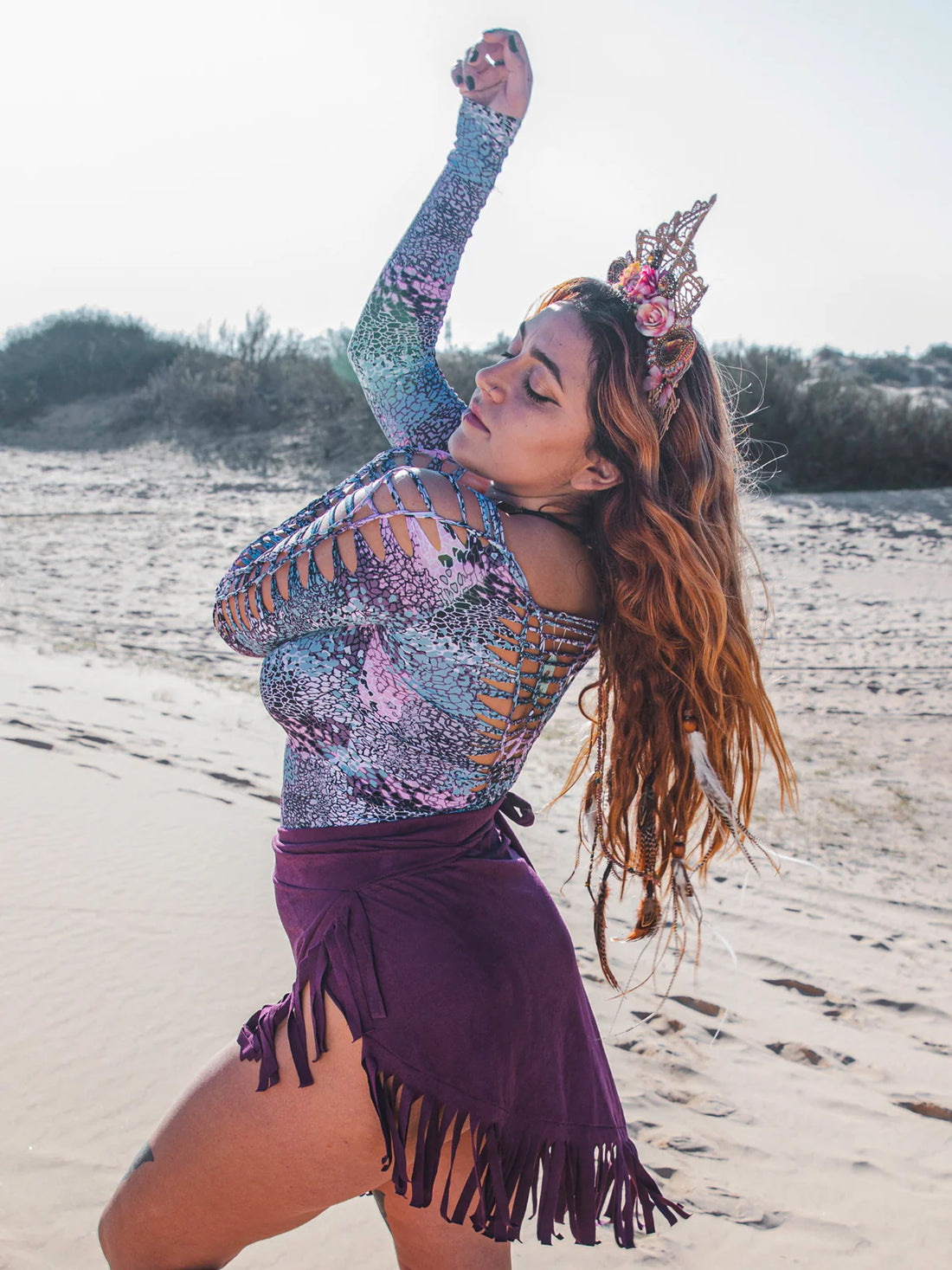 Suede Purple Wrap Swimwear Skirt Decorated with Fringe / Cover up