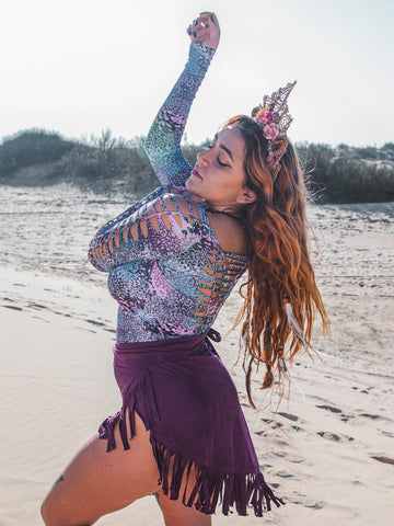 Suede Purple Wrap Swimwear Skirt Decorated with Fringe / Cover up