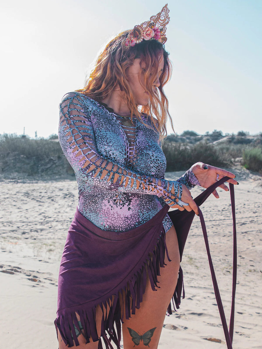 Suede Purple Wrap Swimwear Skirt Decorated with Fringe / Cover up
