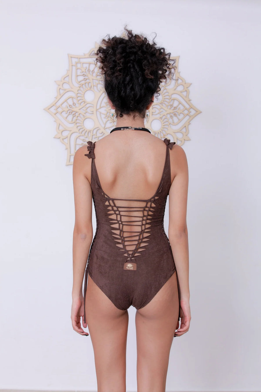 Suede Look Dark Brown One Piece Swimsuit For Women "DELI"