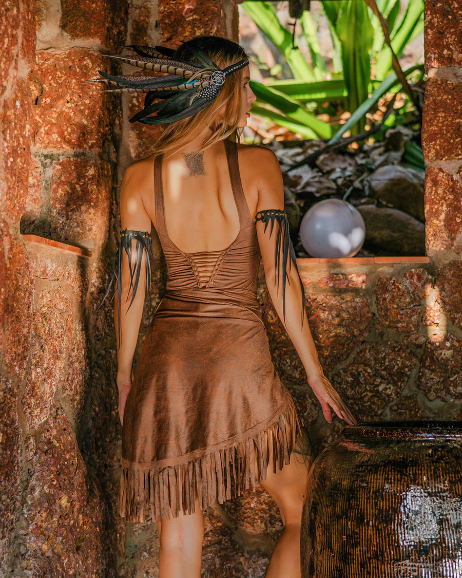 Suede Shabby Brown Wrap Swimwear Skirt Decorated with Fringe / Cover up