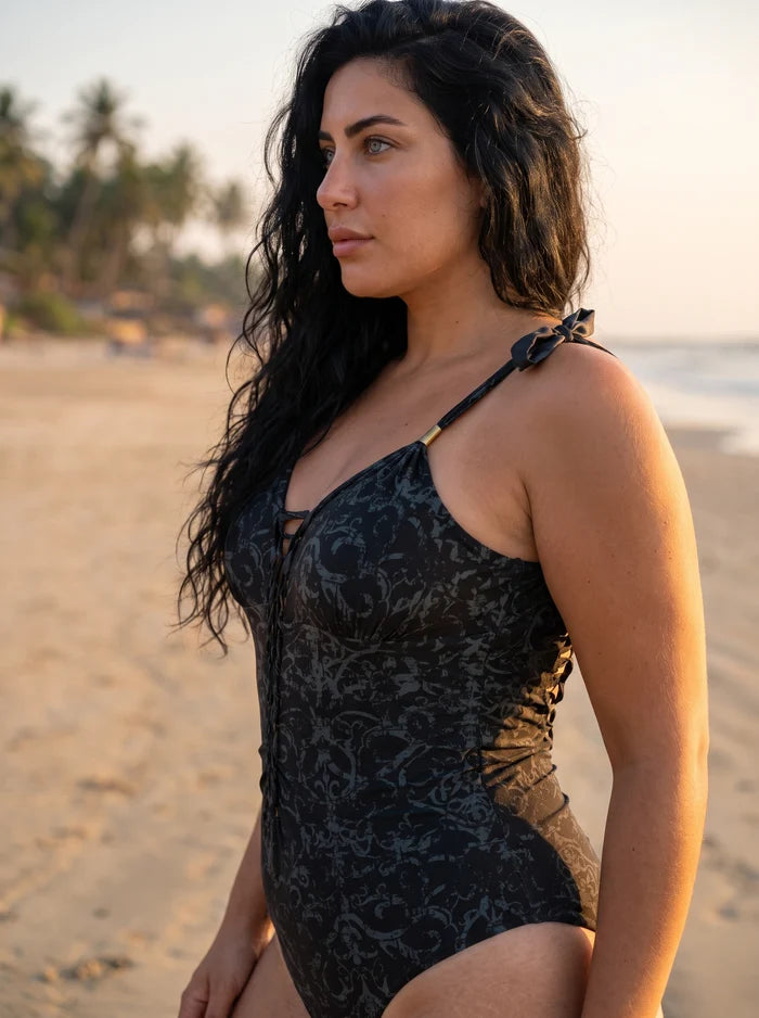 Plus Size - One Piece Swimsuit For Women in Tribal Black Print "CUT" (Lycra Fabric)