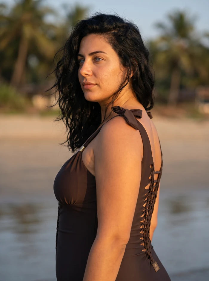 Plus Size - One Piece Swimsuit For Women in Dark Brown "CUT" (Lycra Fabric)