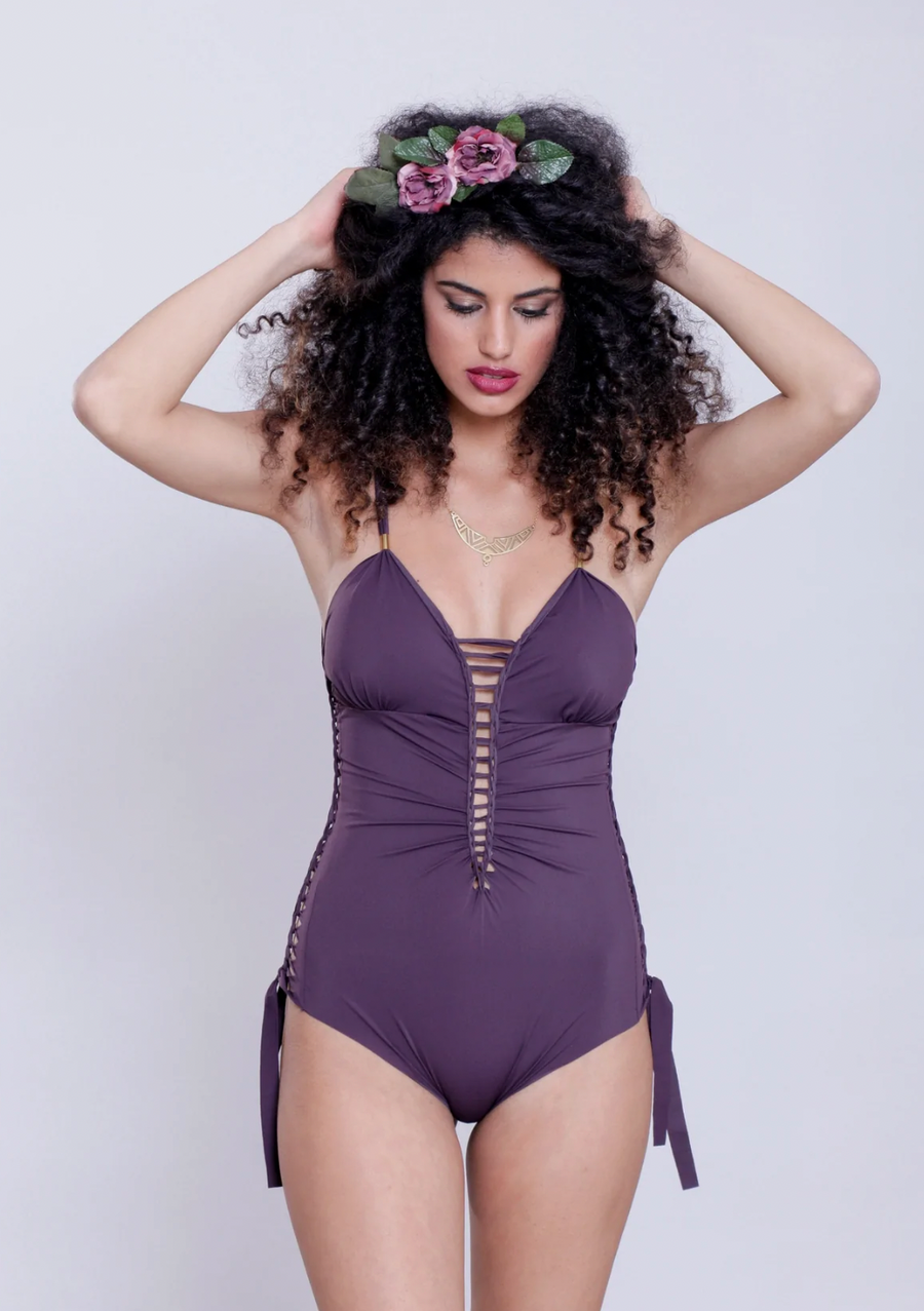 Dark Purple One Piece Swimsuit For Women "DELI" (Lycra Fabric)