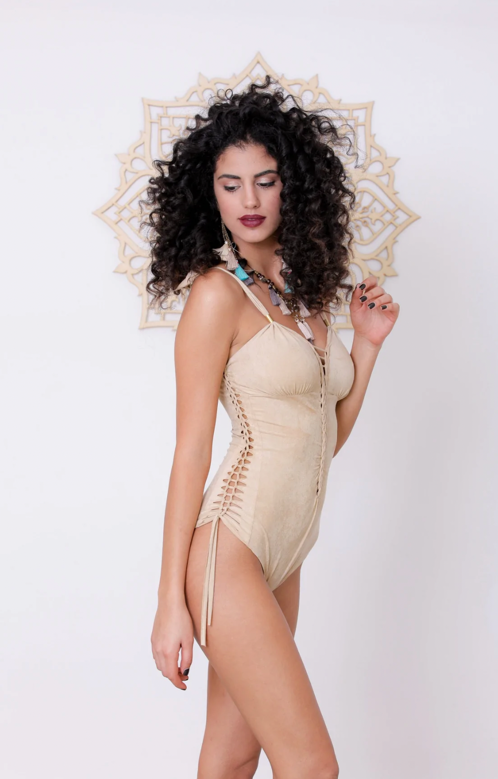 Suede Look Light Beige One Piece Swimsuit For Women "DELI"