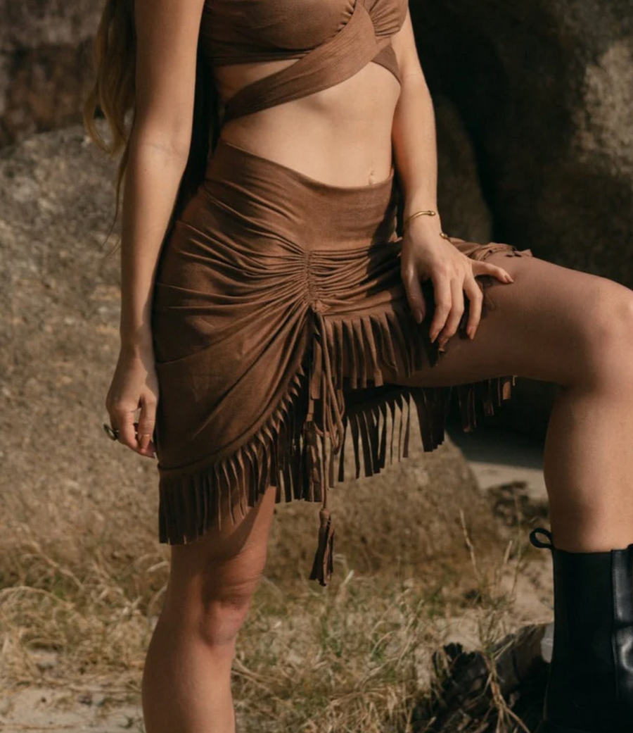 Suede Brown Swimwear Skirt Decorated with Fringe