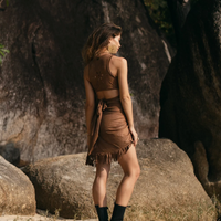 Suede Brown Swimwear Skirt Decorated with Fringe