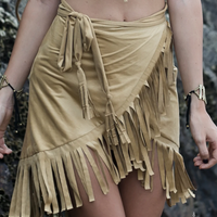 Suede Light Mustard Wrap Swimwear Skirt Decorated with Fringe / Cover up