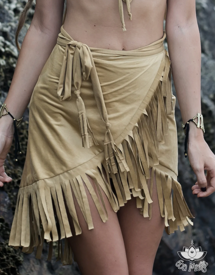 Suede Light Mustard Wrap Swimwear Skirt Decorated with Fringe / Cover up