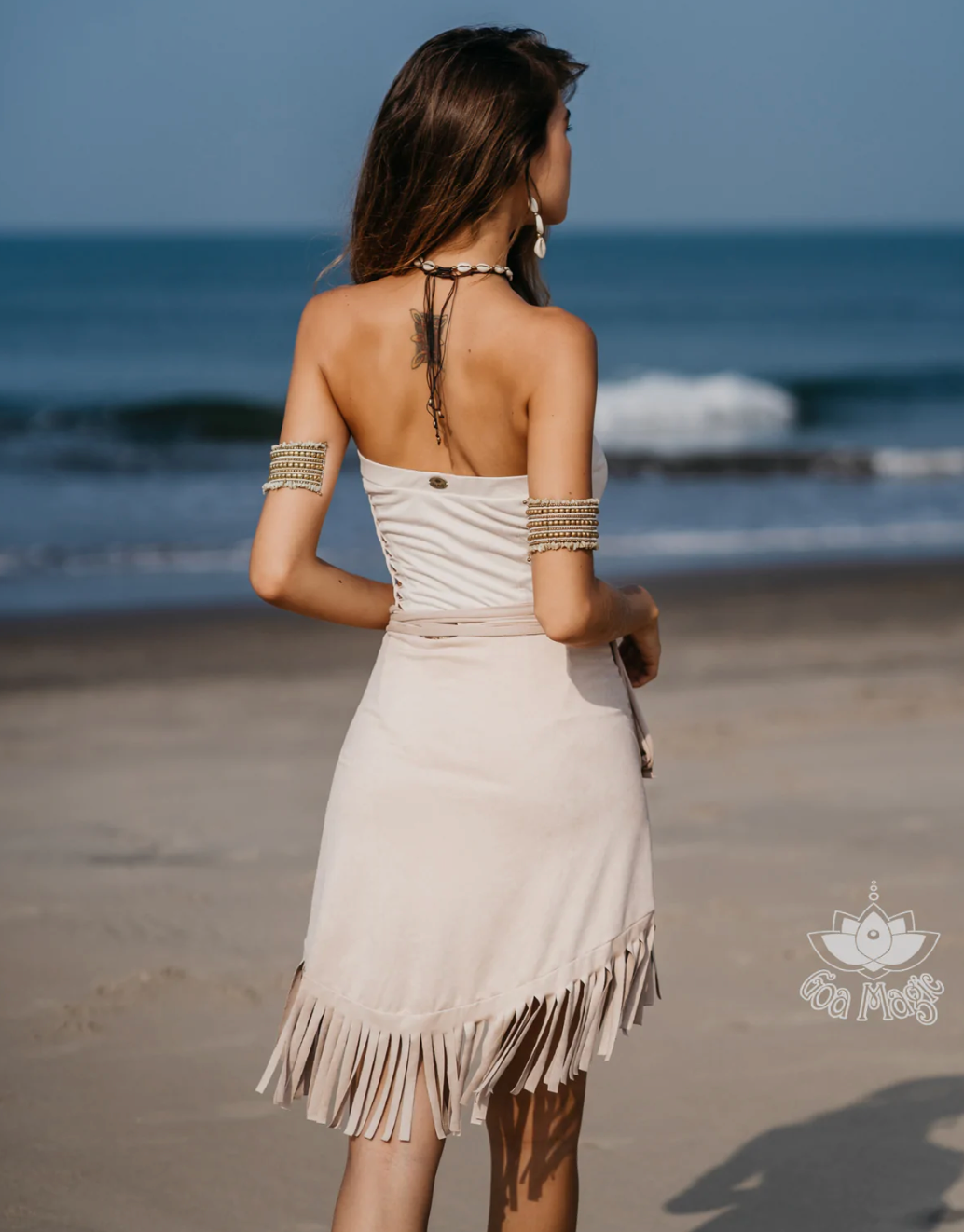 Suede Light Beige Wrap Swimwear Skirt Decorated with Fringe / Cover up