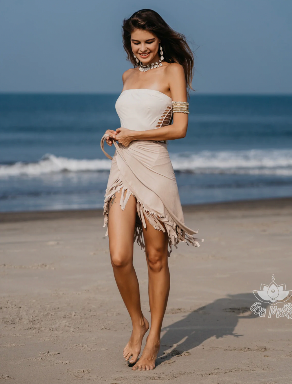 Suede Light Beige Wrap Swimwear Skirt Decorated with Fringe / Cover up