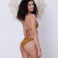Suede Look Dark Camel Bikini Set For Women "BEADS"