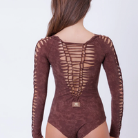 Long Sleeve Shabby Brown Leotard For Women, Dance Bodysuit