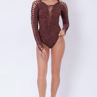 Long Sleeve Shabby Brown Leotard For Women, Dance Bodysuit